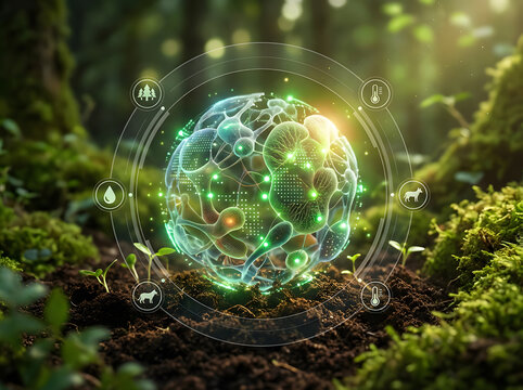 Eco friendly globe with green technology in forest - Powered by Adobe