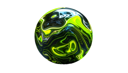 Glossy sphere with swirling neon patterns against black