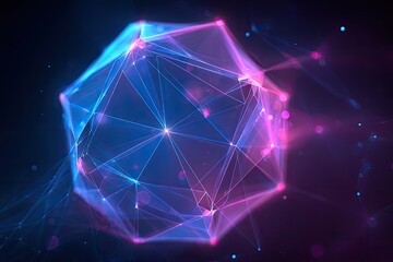 Abstract geometric form in vibrant blues and pinks, interconnected lines, against dark background