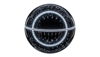 Complex, luminescent orb with intricate geometric details against a black backdrop