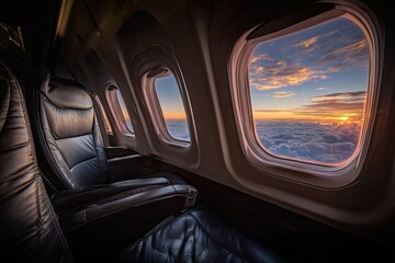 Fototapeta premium Interior view from airplane looking at sunset through windows, luxurious leather seating