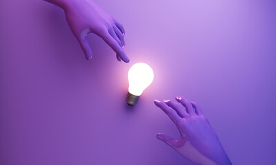 Two abstract hands reaching for a glowing light bulb symbolizing shared energy, creativity, and idea generation through teamwork, imagination, and collaborative brainstorming, 3d rendering.