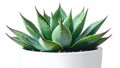 A vibrant green succulent plant with sharp, spiky leaves in a white ceramic pot