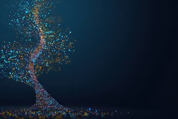 Digital swirling data stream, glowing particles form a tornado-like shape, blue background