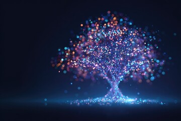 Digital tree shape created using bokeh effects and a spectrum of glowing light