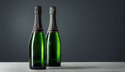 Two green glass bottles with foil wrapped necks stand before a dark gray backdrop