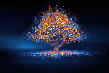 Glowing digital tree comprised of colorful bokeh particles against dark blue backdrop