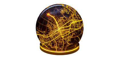 Golden cityscape glow-map projected on a sphere, black background
