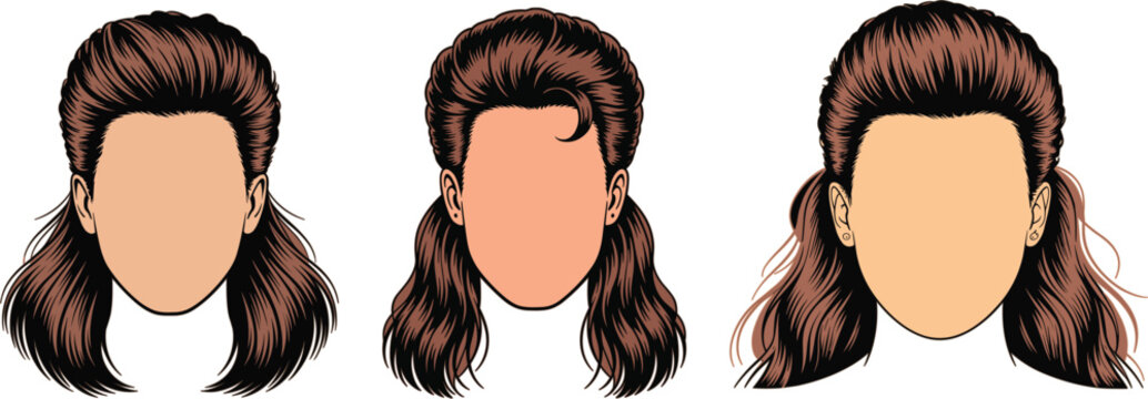 Vintage eighties retro mullet hairstyle set for men in hand drawn ink sketch style with brown hair style