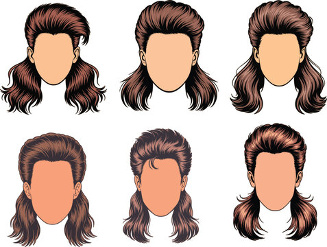 Vintage eighties retro mullet hairstyle set for men in hand drawn ink sketch style with brown hair
