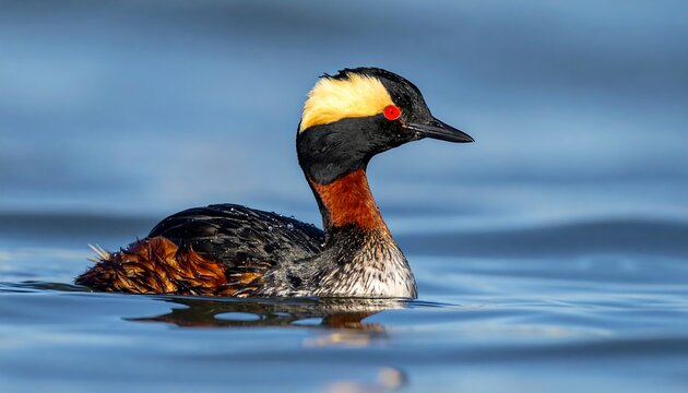 Horned Grebe in Calm Water - A Detailed Portrait of a Waterbird.