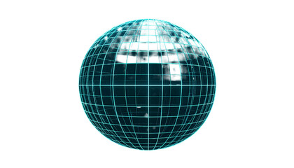 A glowing, grid-like sphere hovers against a stark black void