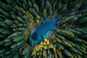 Aerial shot of a serene blue lake encircled by a vibrant, dense coniferous forest