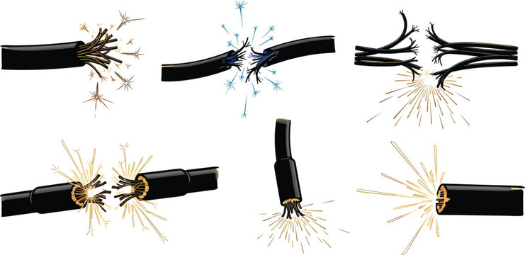 Broken electrical wire with sparks, damaged power cable set, short circuit illustration, industrial electricity danger, maintenance and repair concept icons
