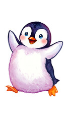 Fototapeta premium Adorable Watercolor Penguin Illustration with Cheerful Expression and Raised Flippers png alpha channel isolated on transparent background