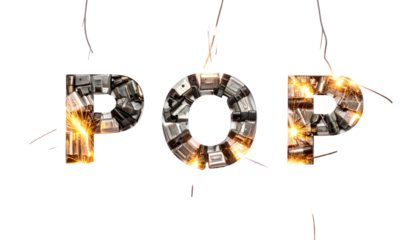 Metallic letters "POP" with a glowing effect against a black backdrop