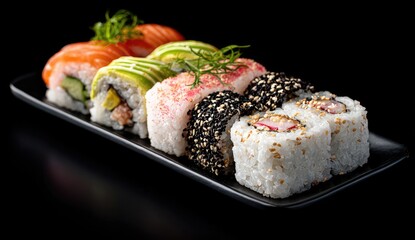 Assortment of colorful sushi rolls arranged on a dark rectangular plate