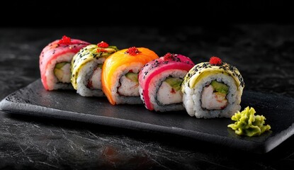 Vibrant close-up of colorful sushi rolls arranged on a dark, stone serving plate