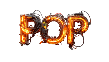 Illuminated "POP" text constructed with glowing neon and mechanical wiring