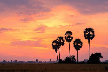 Silhouetted palm trees against a brilliant, fiery sunset over a golden field