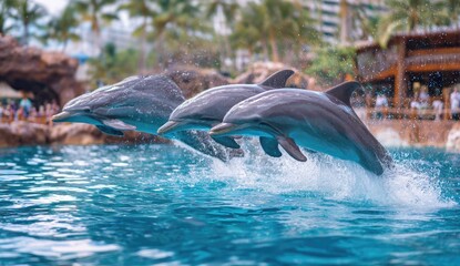 Three dolphins leaping in unison from blue water, performing for onlookers