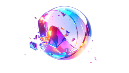 Shattered iridescent orb with sharp fragments on a black background