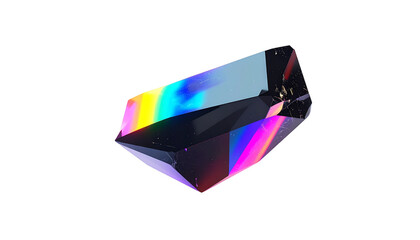 A faceted, triangular object refracts light, creating a rainbow spectrum