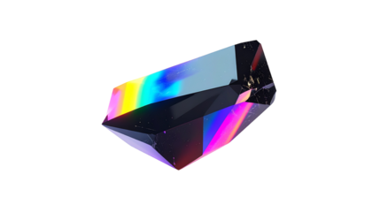 A faceted, triangular object refracts light, creating a rainbow spectrum