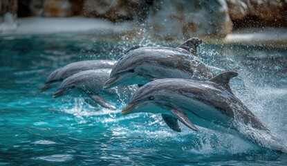 Four dolphins leaping out of clear turquoise water, splashing wildly in the air