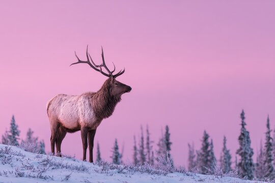 A majestic elk stands in a snowy landscape against a pink-hued sky