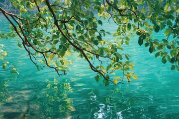 Branches with green leaves hanging over turquoise water with reflections