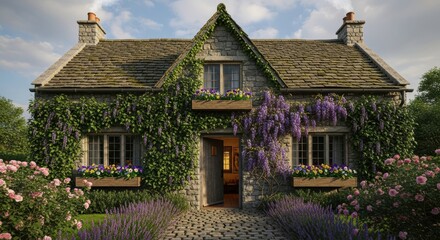  A vine-covered cottage with window boxes overflowing with pansies.