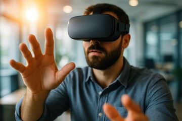 Immersive Vision: A man wearing virtual reality glasses extends his hands, exploring a digital realm and embodying the possibilities of technological evolution.