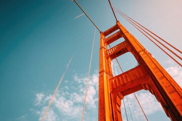 An upward view of a tall, orange bridge tower with supporting cables against a blue sky
