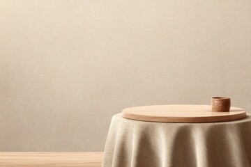 Simple, minimalist, warm-toned studio shot with small table, neutral backdrop, and pottery