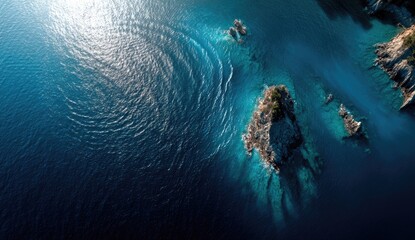 Aerial shot of rocky islands in clear turquoise water with circular wave patterns