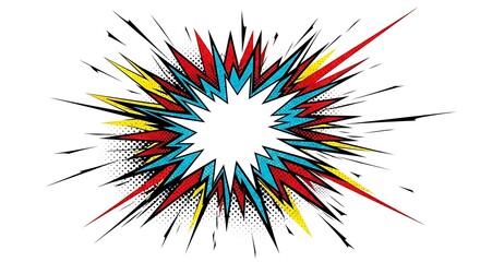 Dynamic Pop Art Comic Explosion Burst with Halftone Dots, Vibrant Red, Blue, Yellow Rays on White