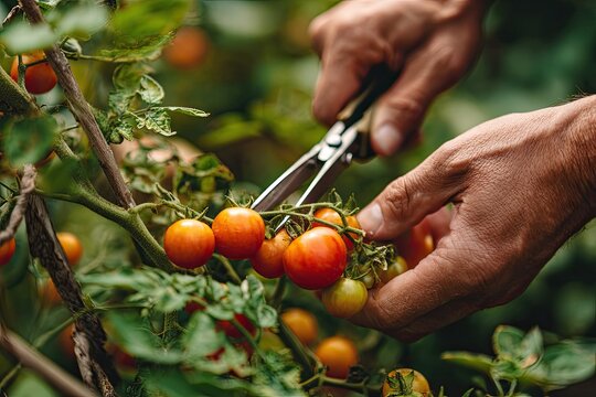 Close-up of hands harvesting ripe cherry tomatoes from a lush, green vine with shears - Powered by Adobe
