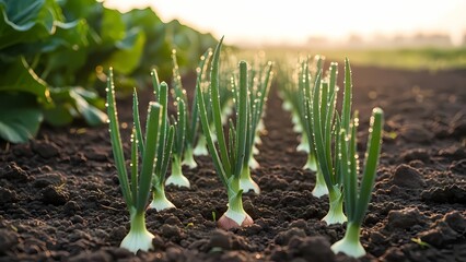 spring onions growing in the ground
