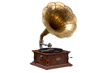 Antique Gramophone with Brass Horn and Vinyl Record