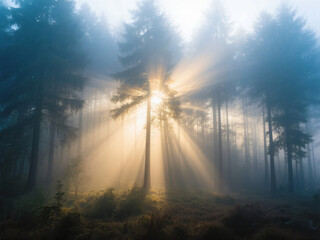 Ray of Sunlight Pierce Fog Forest