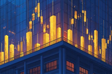A skyscraper facade adorned with golden, chart-like lights at night