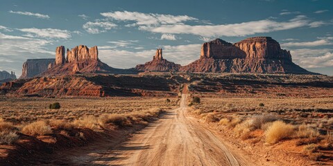 A dusty road leads toward towering sandstone formations in an arid desert landscape