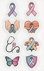 Stickers to mark Internatawareness, disease, international, support, cancer, day, concept, health, ribbon, world, care, background, hope, fight, help, february, illness, treatment, medional Cancer Day