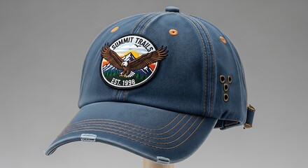 Stylish Distressed Blue Baseball Cap with Embroidered Eagle and Mountain Landscape Patch, Casual Headwear for Outdoor Adventures