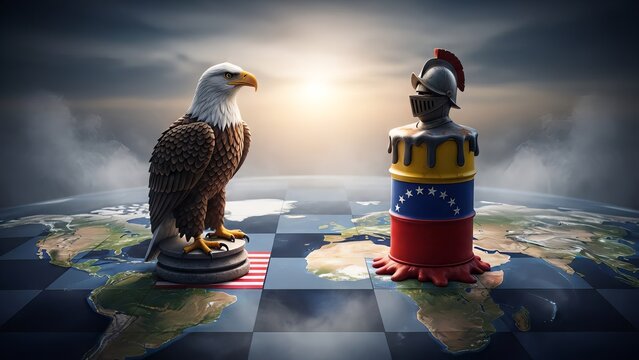 Eagle and oil barrel on chessboard representing geopolitical conflict