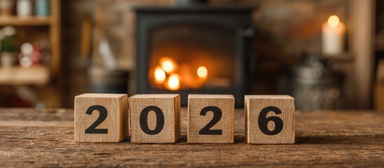 Wooden blocks spelling "2026" sit on a rustic surface, a fireplace blurs in background