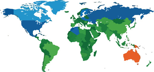 World Map Divided into Color-Coded Regions.