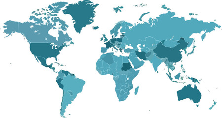 World Map with Countries Colored by Data Representation.