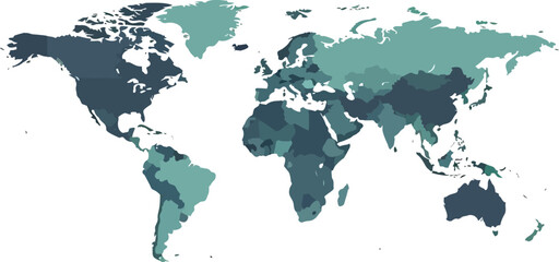 World Map Showing Different Countries With Color Variations.